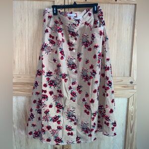 Woman within tan rose printed corduroy button down skirt size 20W